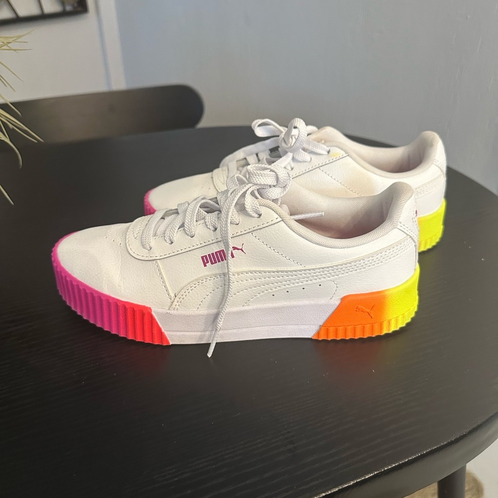 Puma White Low-Top Sneakers with Pink, Orange & Yellow Gradient Soles
